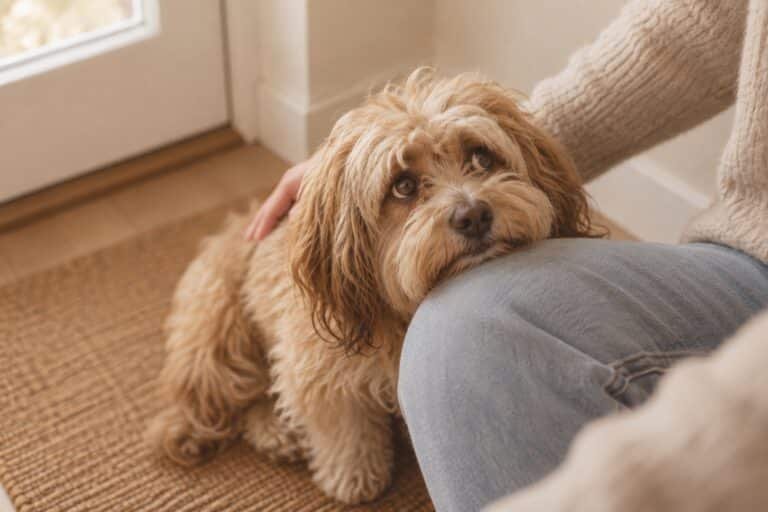 Kleine angstige hond legt zijn kop op een knie terwijl een hand hem rustig aait
