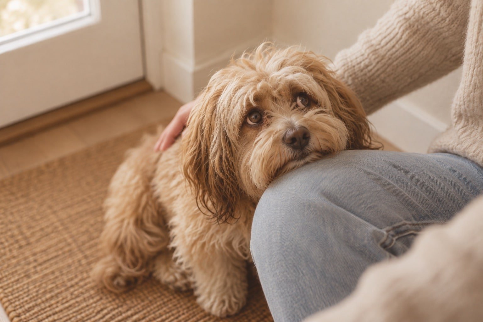 Kleine angstige hond legt zijn kop op een knie terwijl een hand hem rustig aait