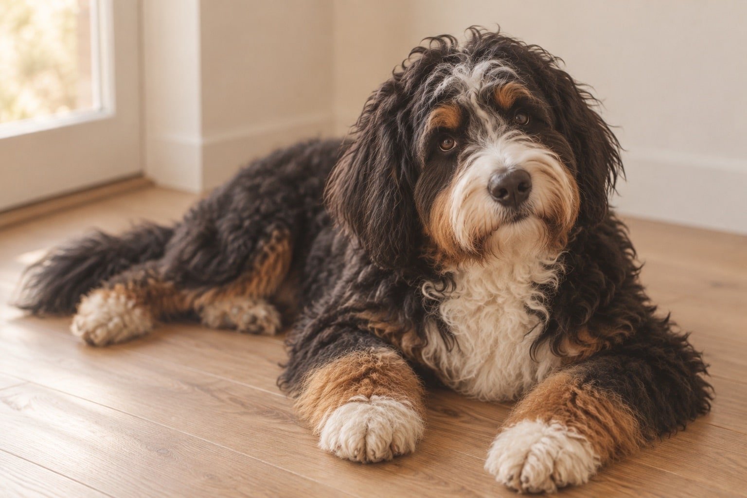 Grote driekleurige bernedoodle met een zachte vacht ligt op een houten vloer