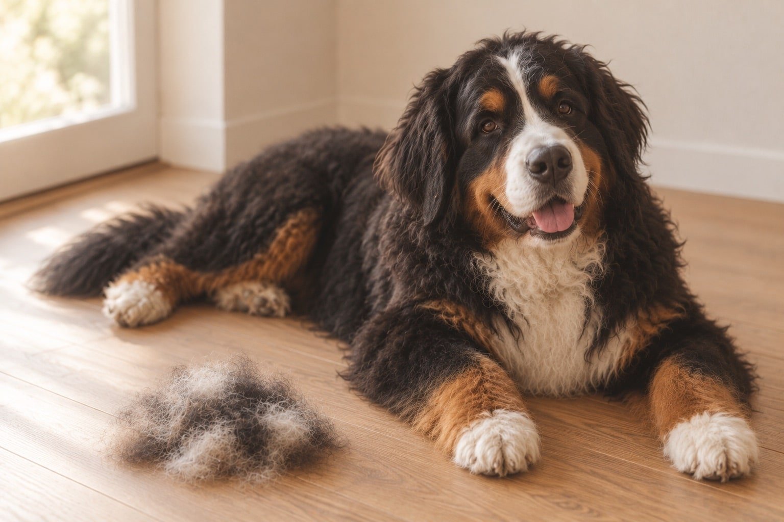 Berner sennenhond ligt op een houten vloer naast een plukje losse ondervacht