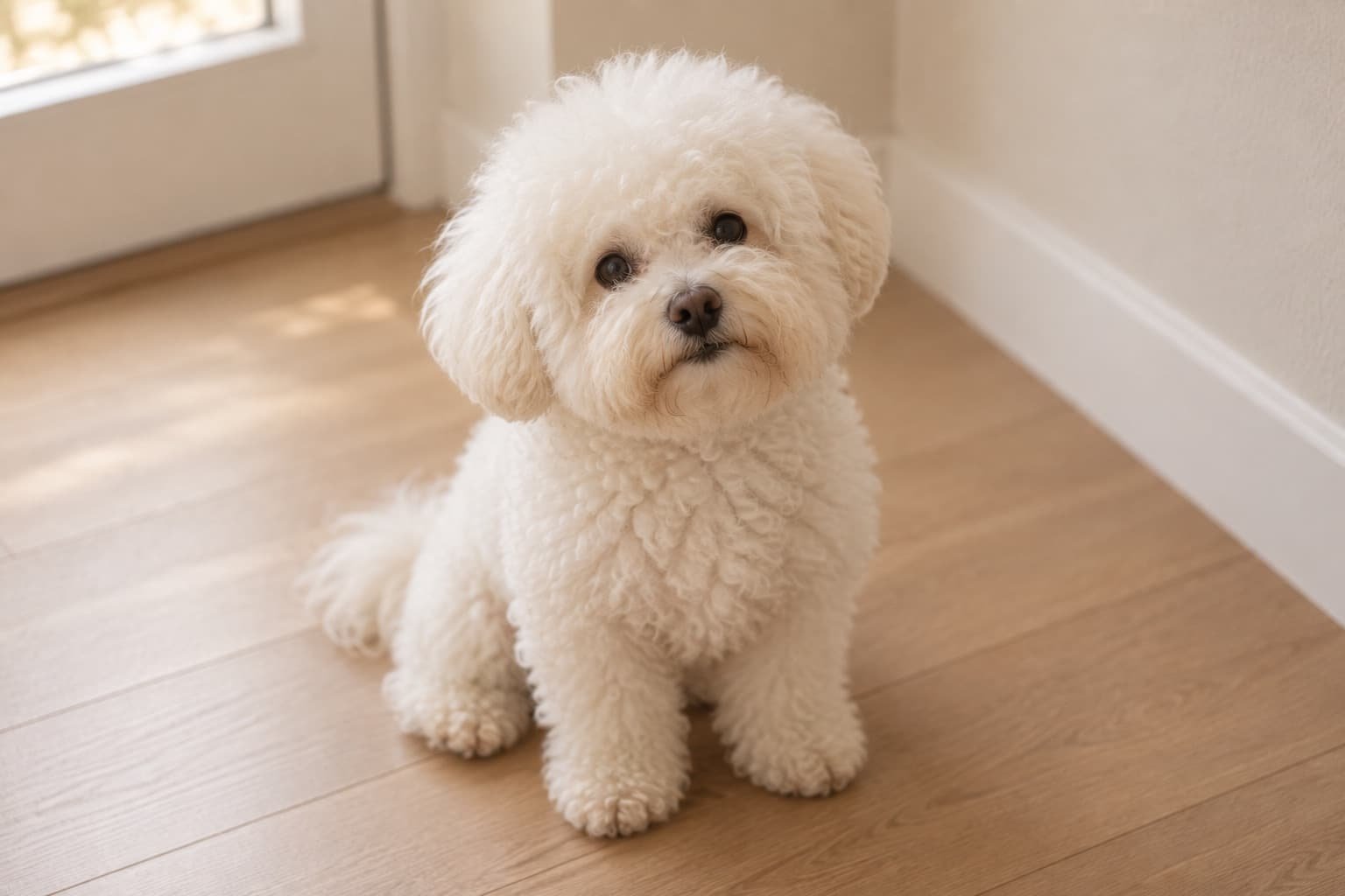 Bichon frisé met een witte, pluizige vacht zit op een lichte vloer