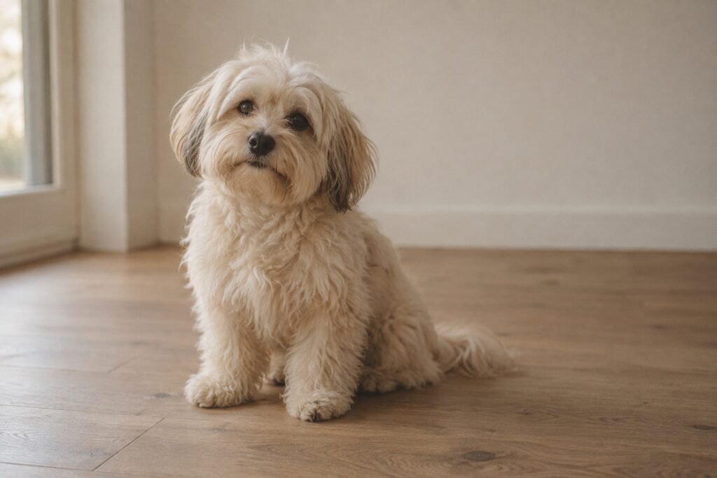 Boomer met een crèmekleurige ruige vacht zit op een lichte vloer