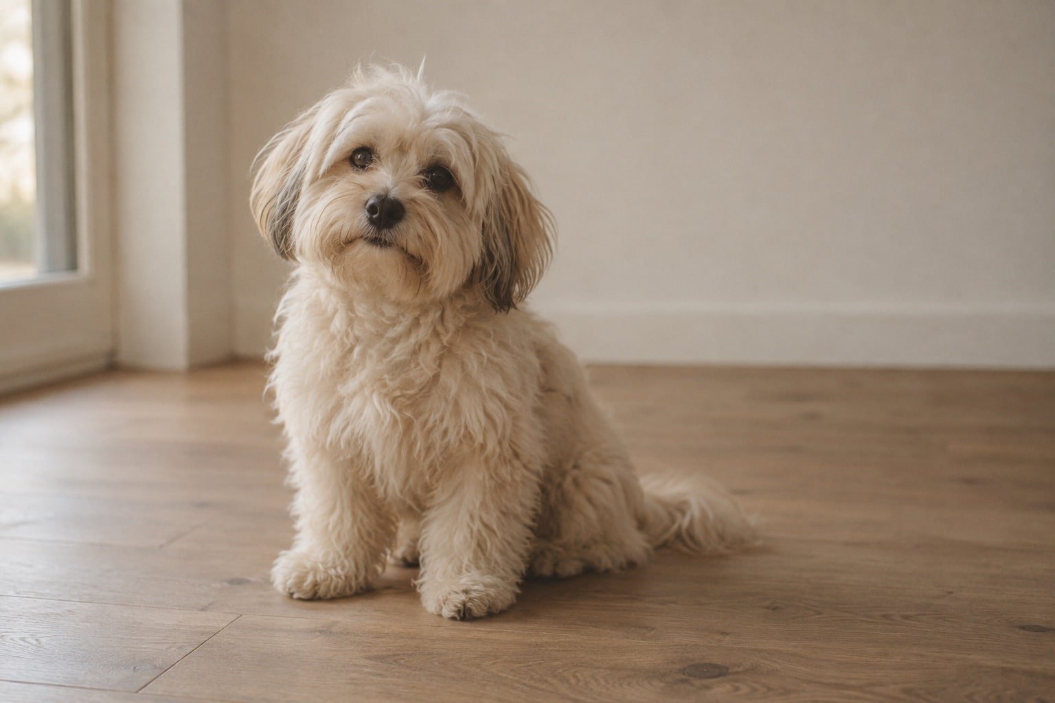 Boomer met een crèmekleurige ruige vacht zit op een lichte vloer