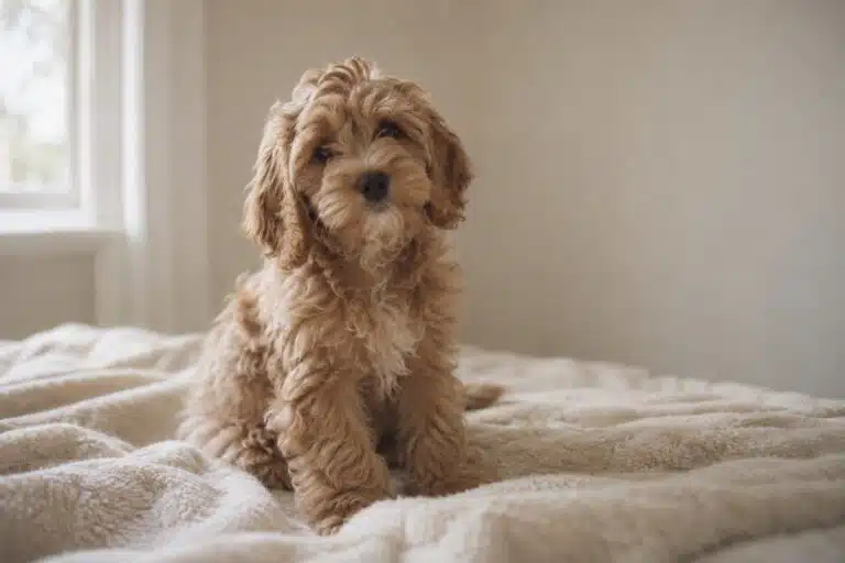 Cockapoo-puppy met een zachte krulvacht zit op een crème deken