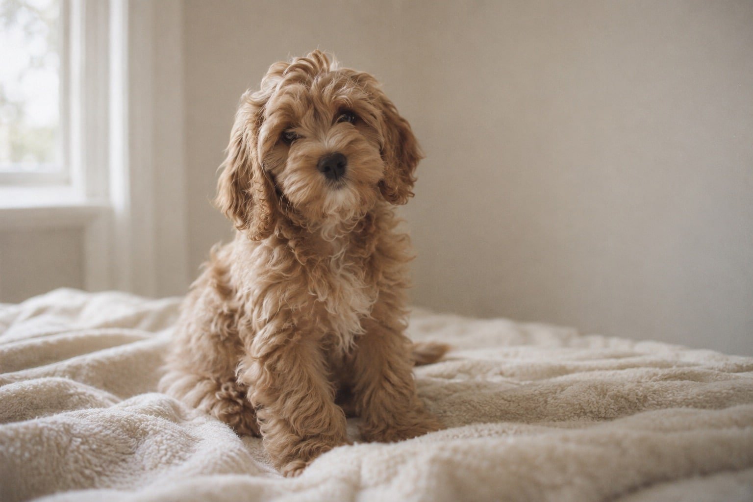Cockapoo-puppy met een zachte krulvacht zit op een crème deken