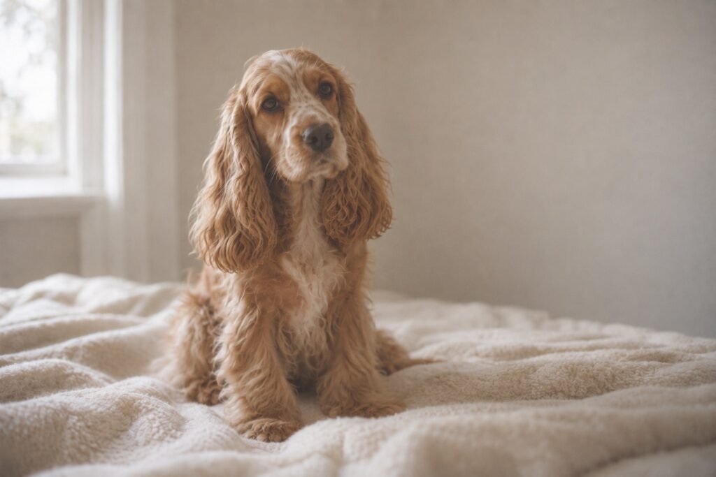 Engelse cocker spaniel met lang bevederde oren zit op een crème doek
