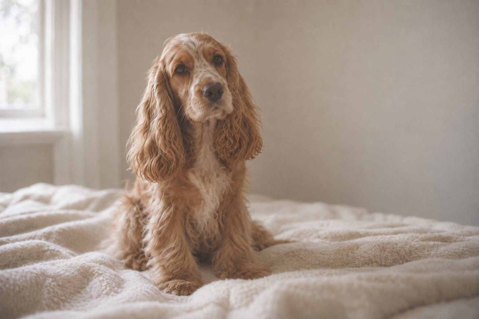 Engelse cocker spaniel met lang bevederde oren zit op een crème doek