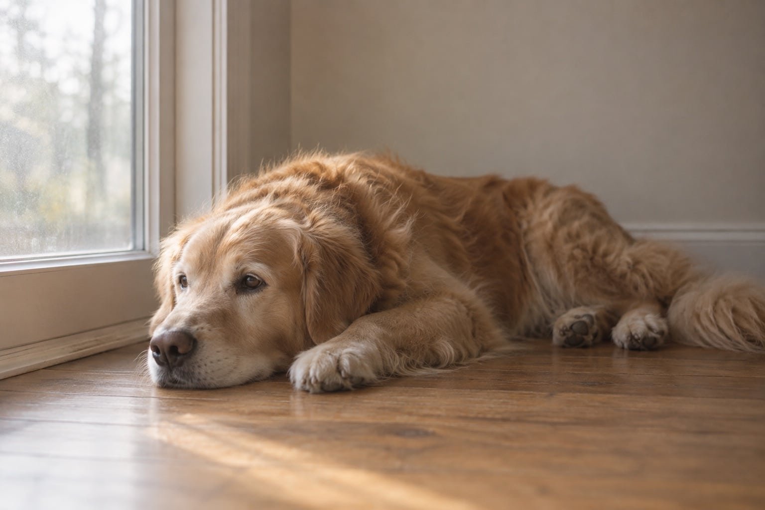 Golden retriever met een doffe, pluizige vacht ligt bij het raam op een houten vloer