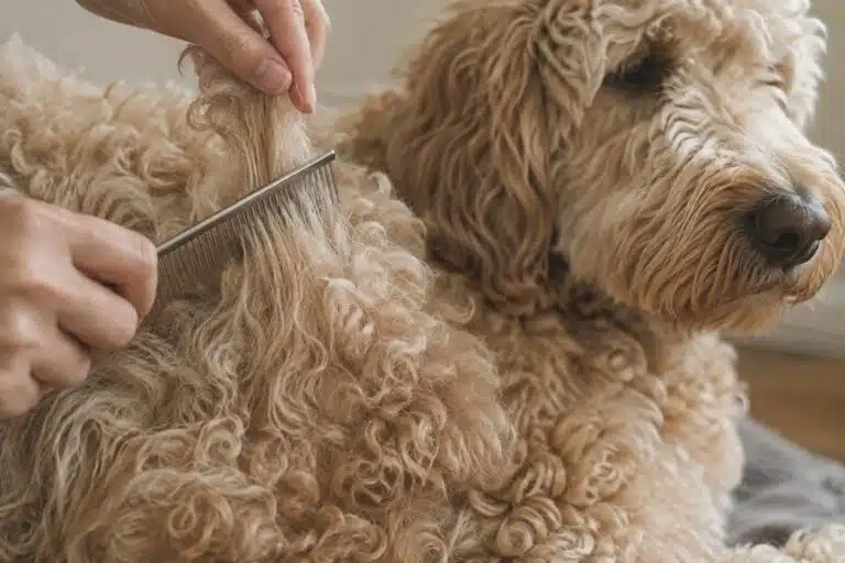 Hand kamt de krulvacht van een doodle laagje voor laagje met een metalen kam