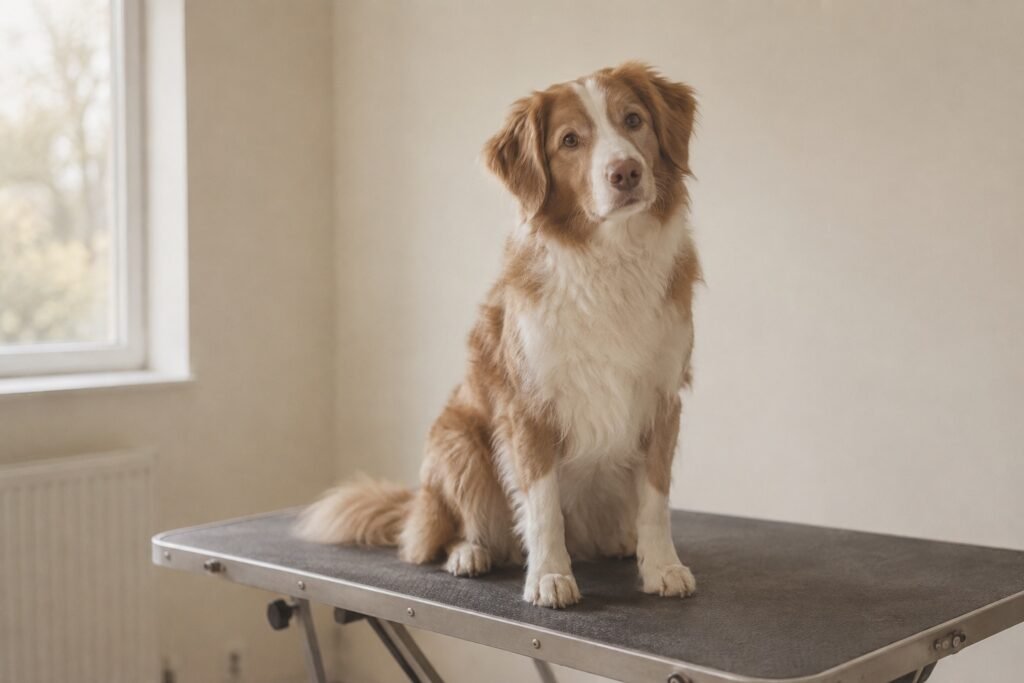 Rustige hond zit op een eenvoudige trimtafel in een lichte ruimte