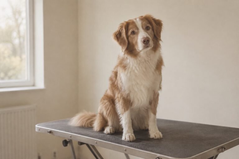 Rustige hond zit op een eenvoudige trimtafel in een lichte ruimte