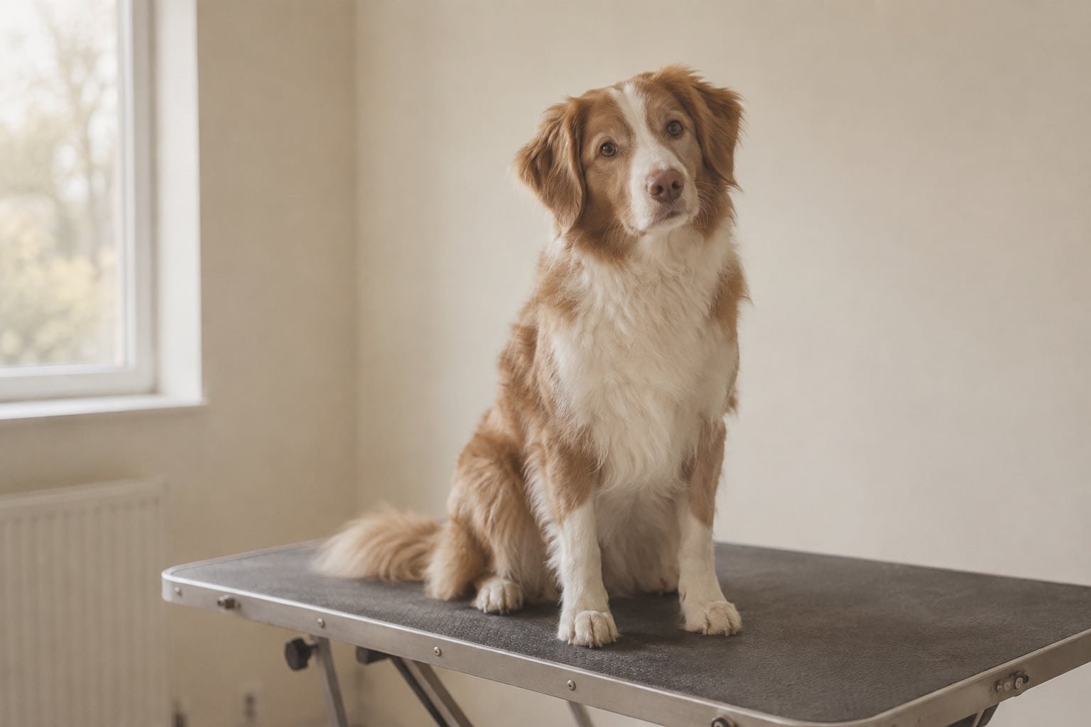 Rustige hond zit op een eenvoudige trimtafel in een lichte ruimte