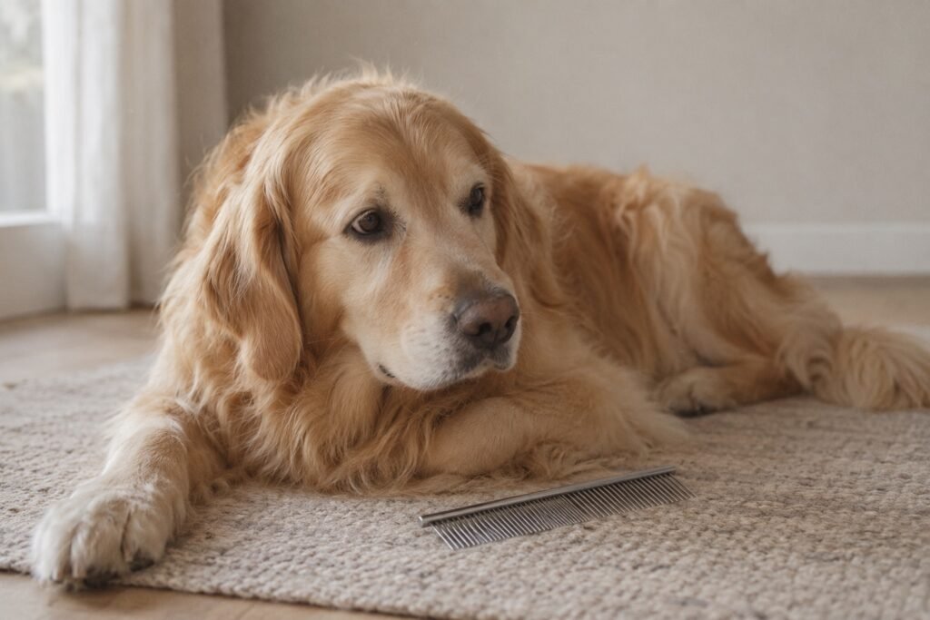 Golden retriever ligt rustig op een kleed met een kam met lange tanden naast zijn poot