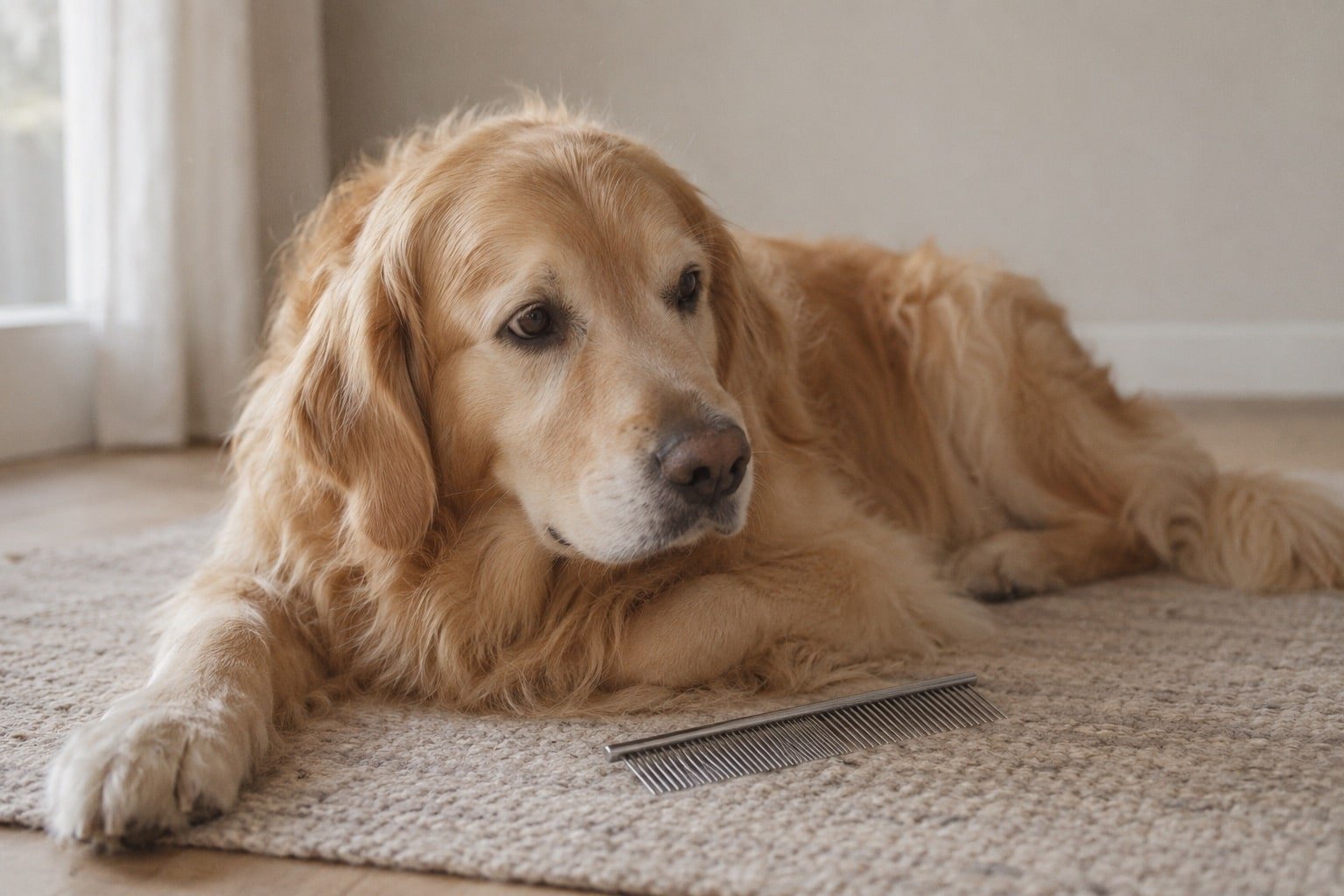 Golden retriever ligt rustig op een kleed met een kam met lange tanden naast zijn poot