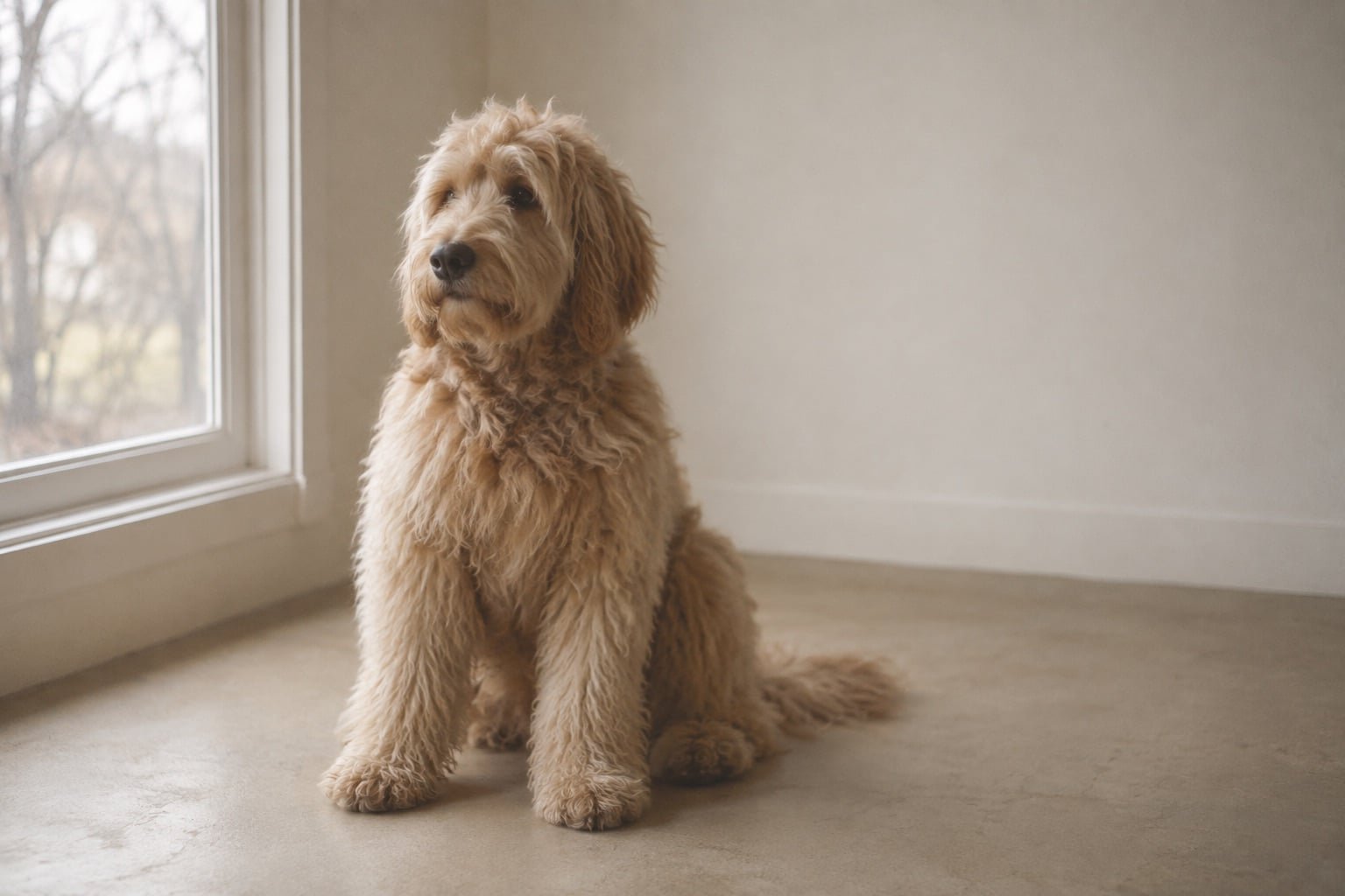 Goldendoodle met een lange, pluizige vacht zit rustig bij het raam
