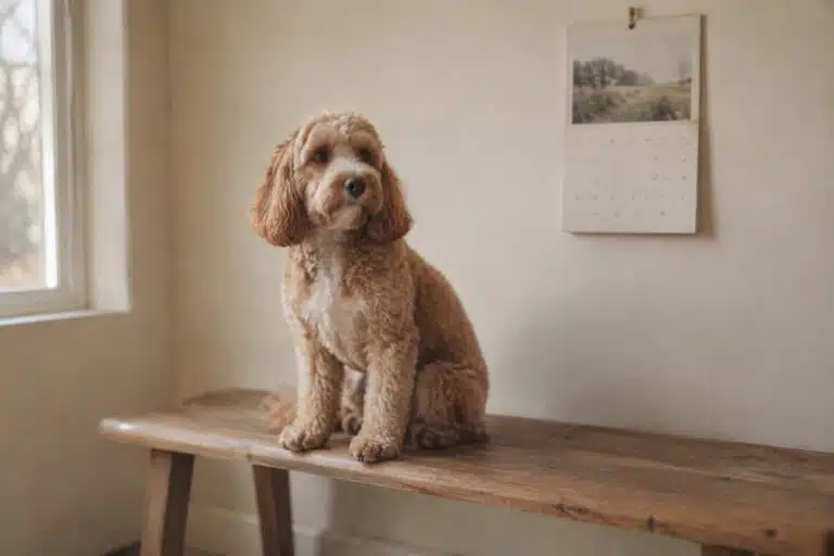 Netjes getrimde cockapoo zit op een houten bank naast een eenvoudige kalender