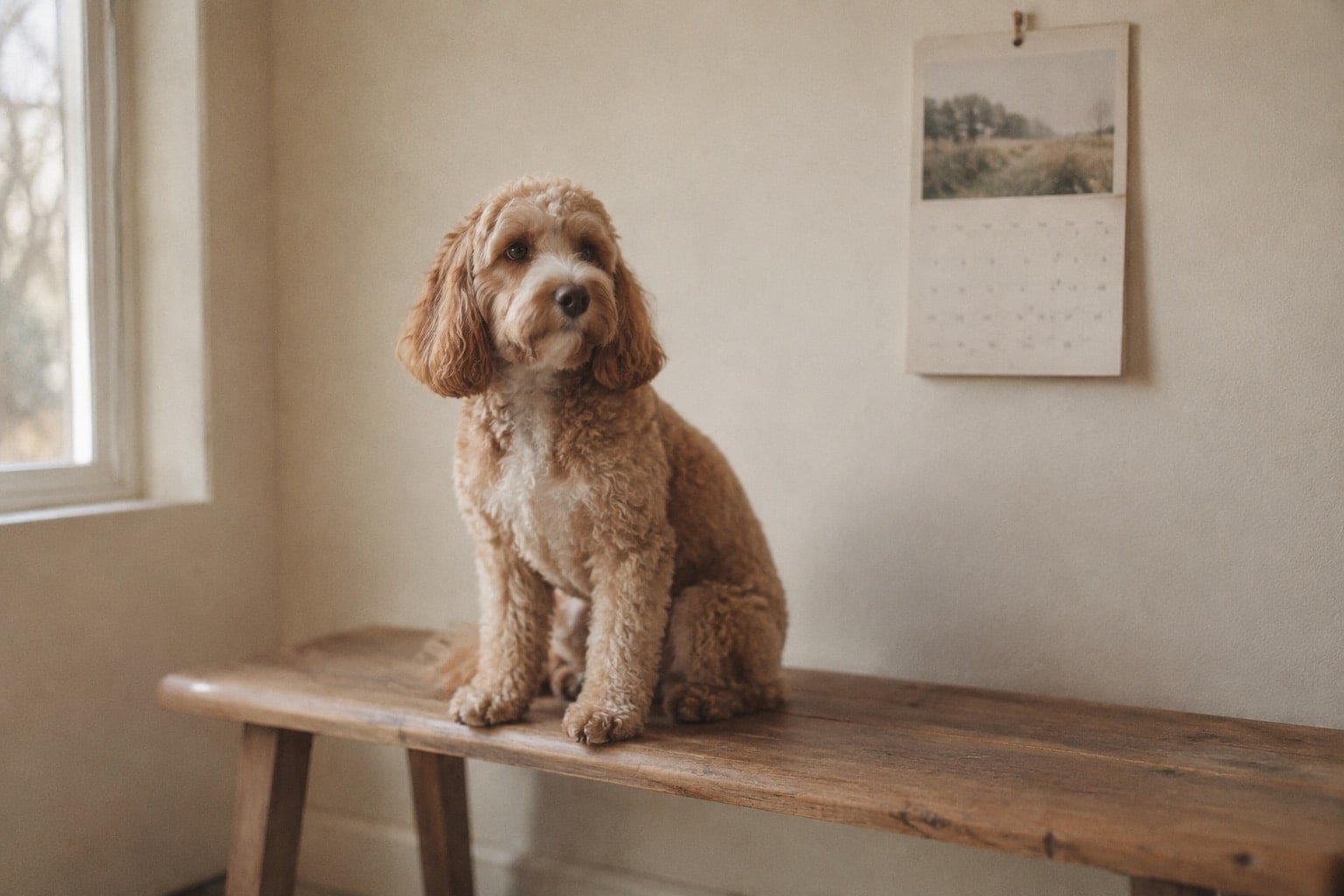 Netjes getrimde cockapoo zit op een houten bank naast een eenvoudige kalender