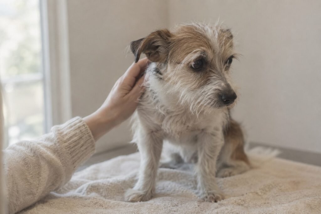 Nerveuze kleine terriër wordt op een handdoek rustig geaaid