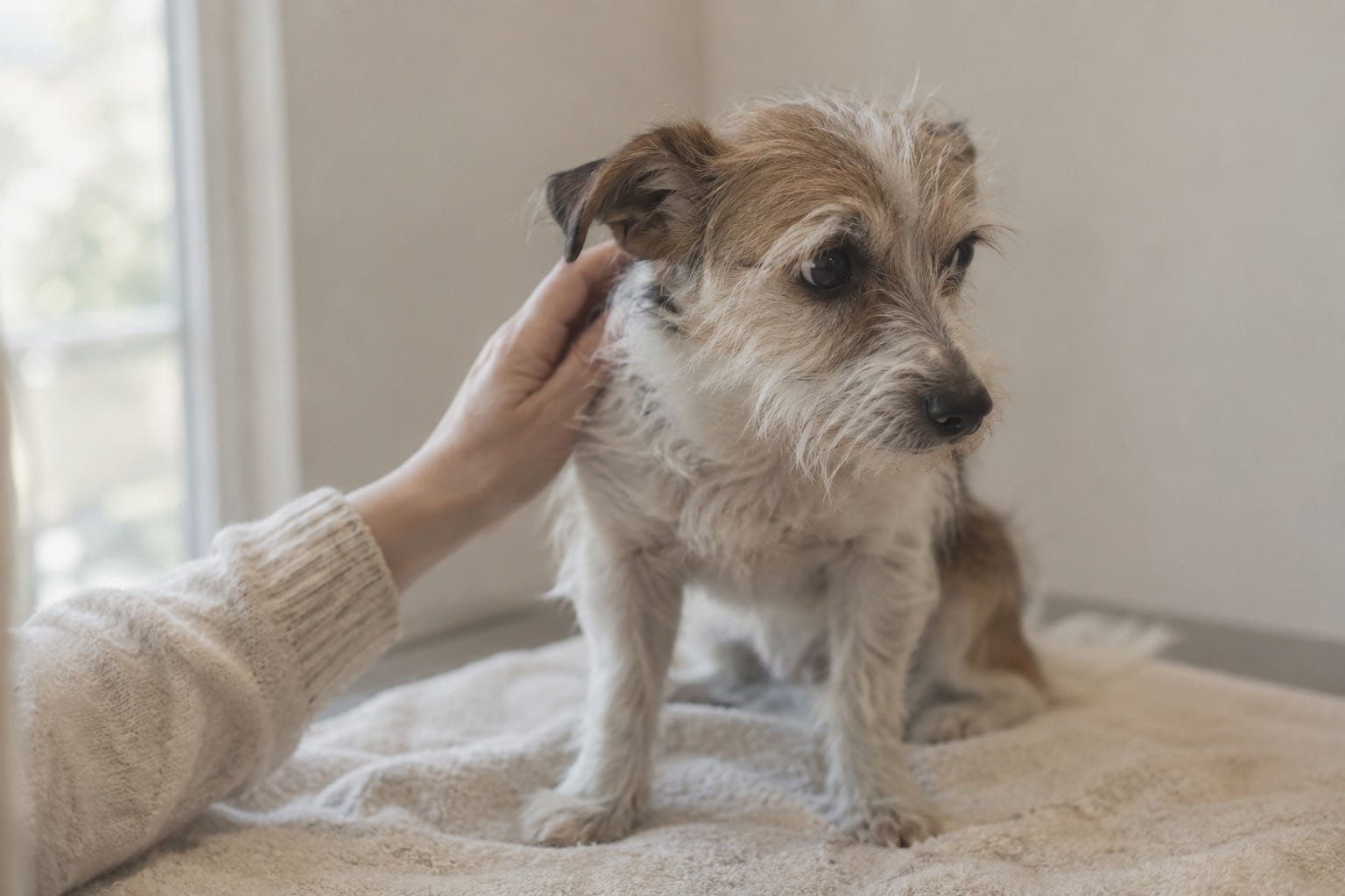 Nerveuze kleine terriër wordt op een handdoek rustig geaaid
