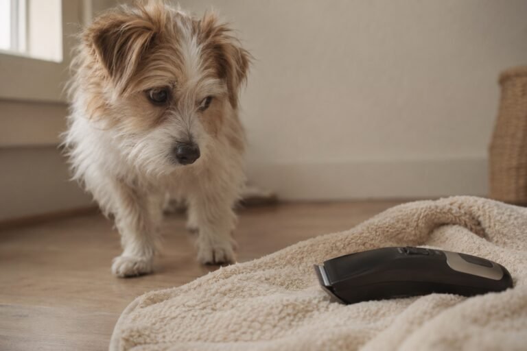 Kleine hond kijkt voorzichtig naar een uitgeschakelde tondeuse op een handdoek