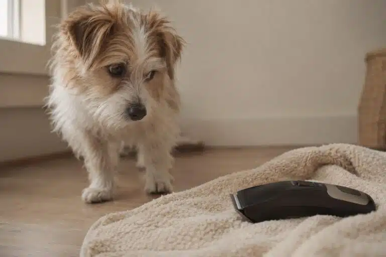 Kleine hond kijkt voorzichtig naar een uitgeschakelde tondeuse op een handdoek