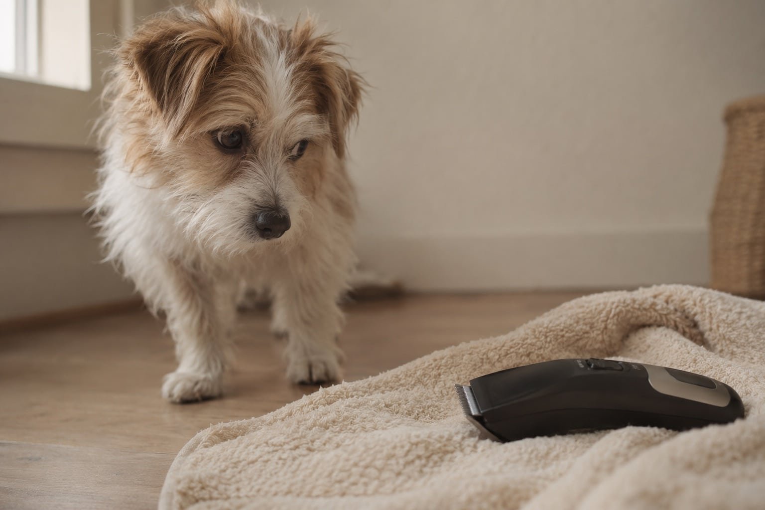 Kleine hond kijkt voorzichtig naar een uitgeschakelde tondeuse op een handdoek