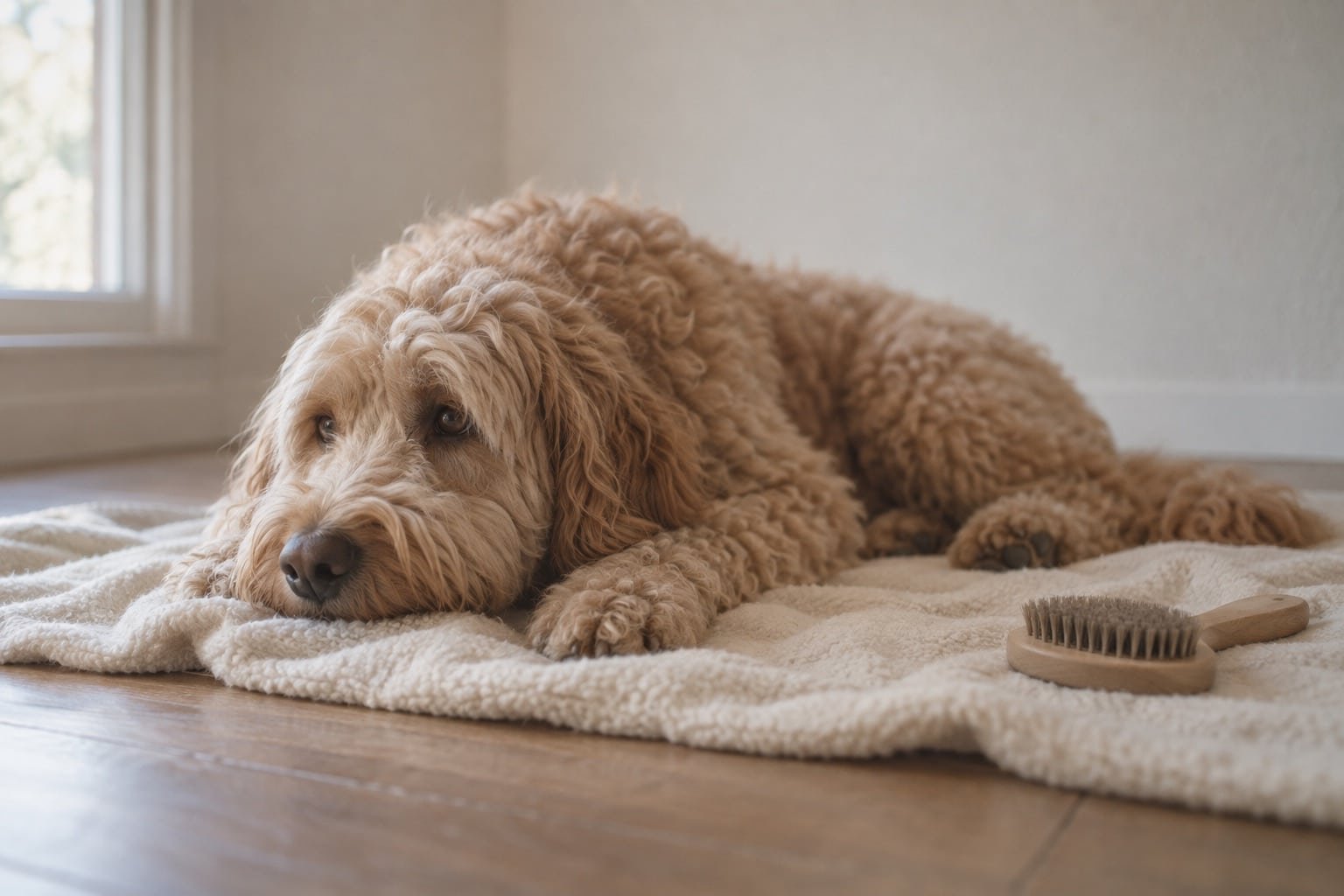 Ontspannen apricot labradoodle op een crème deken met een houten borstel ernaast