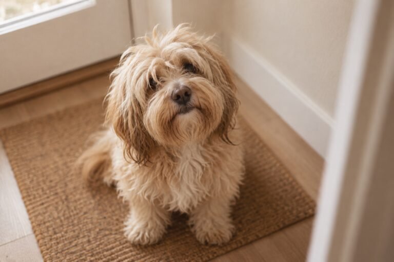 Kleine hond met een verwilderde vacht en haar over de ogen op een deurmat