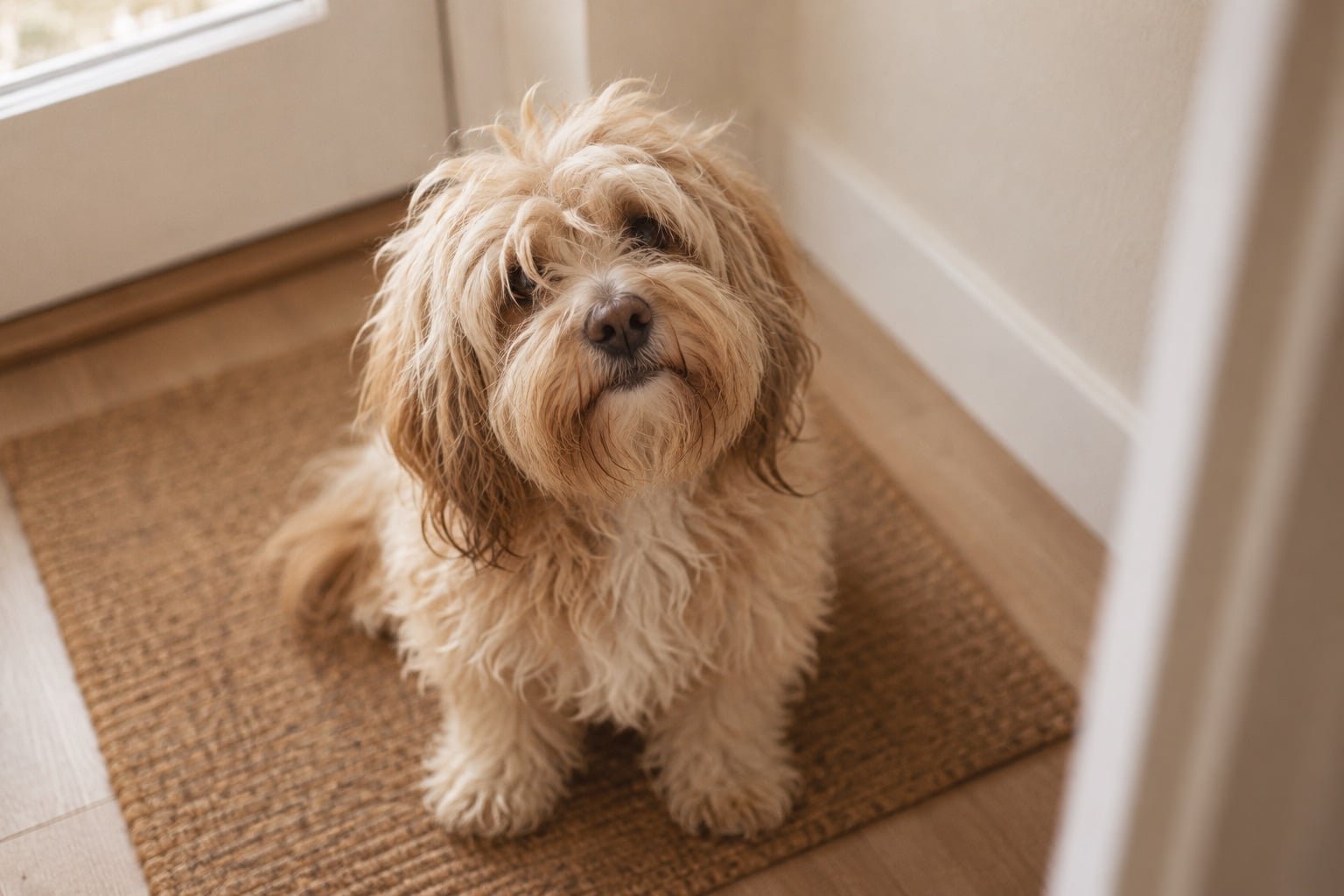 Kleine hond met een verwilderde vacht en haar over de ogen op een deurmat