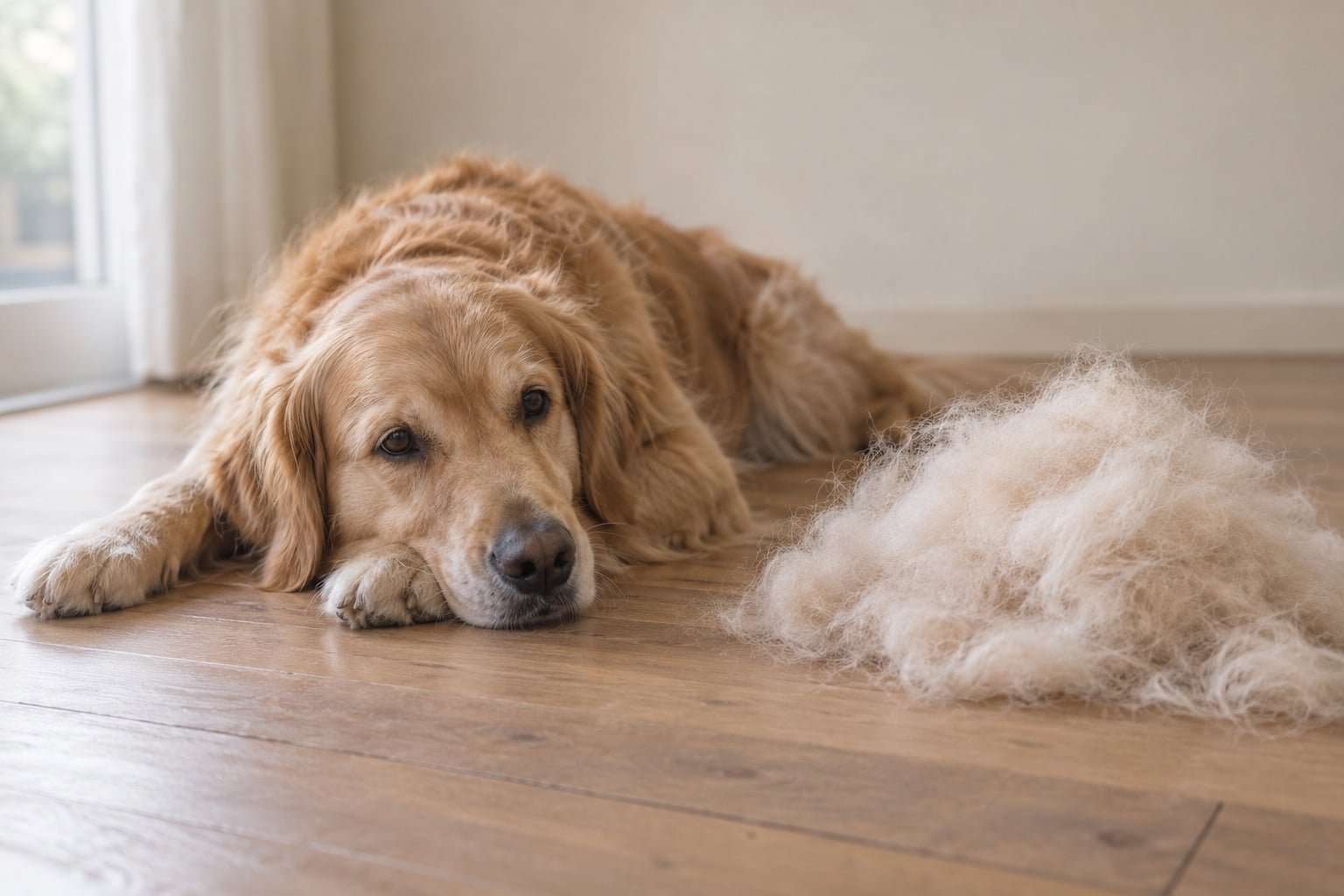 Golden retriever ligt op een houten vloer naast een grote wolk losse ondervacht