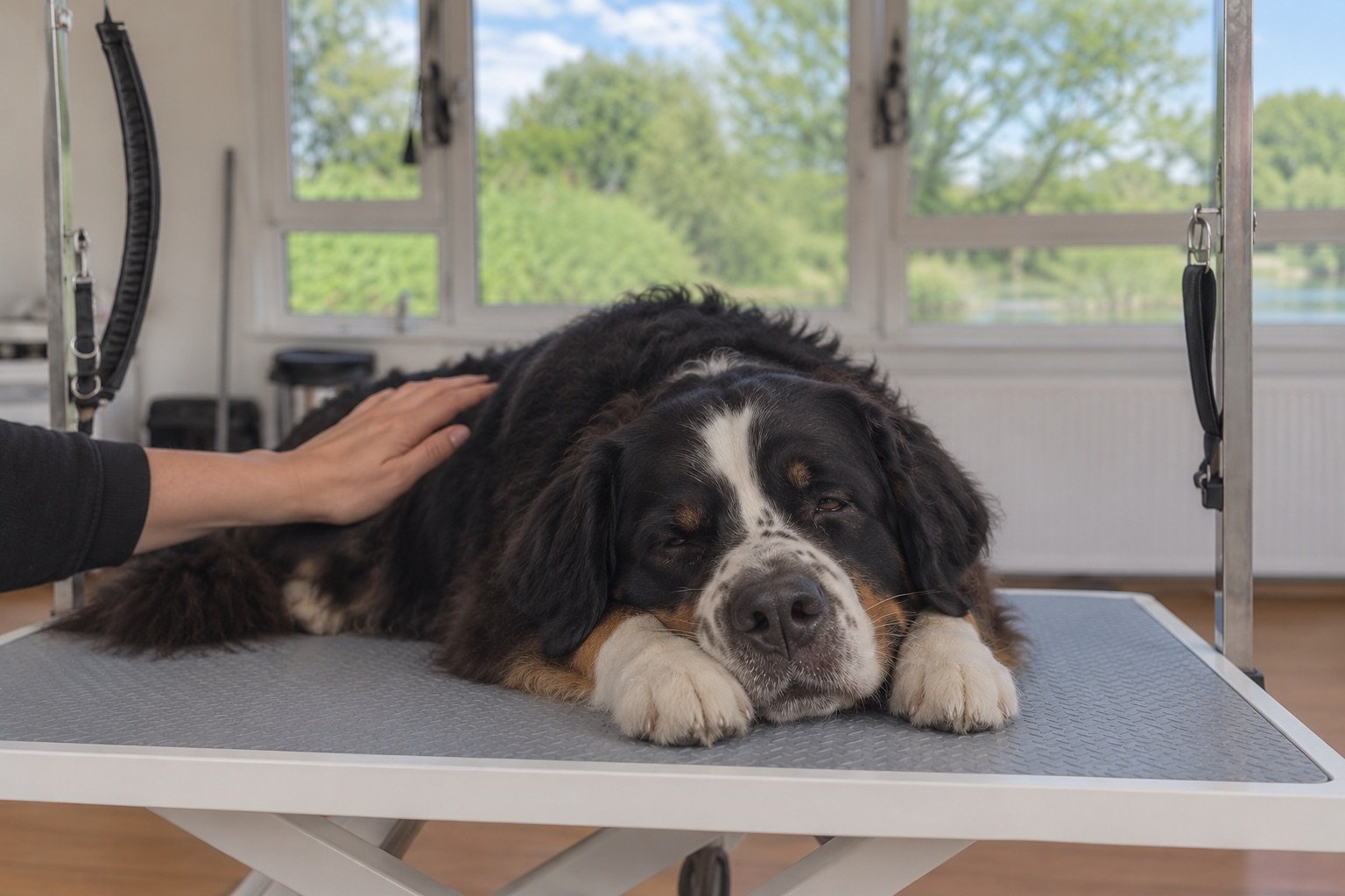 Rustige hond ligt ontspannen op een trimtafel terwijl een hand zacht over zijn rug aait