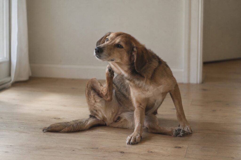Hond krabt met zijn achterpoot achter zijn oor op een lichte houten vloer