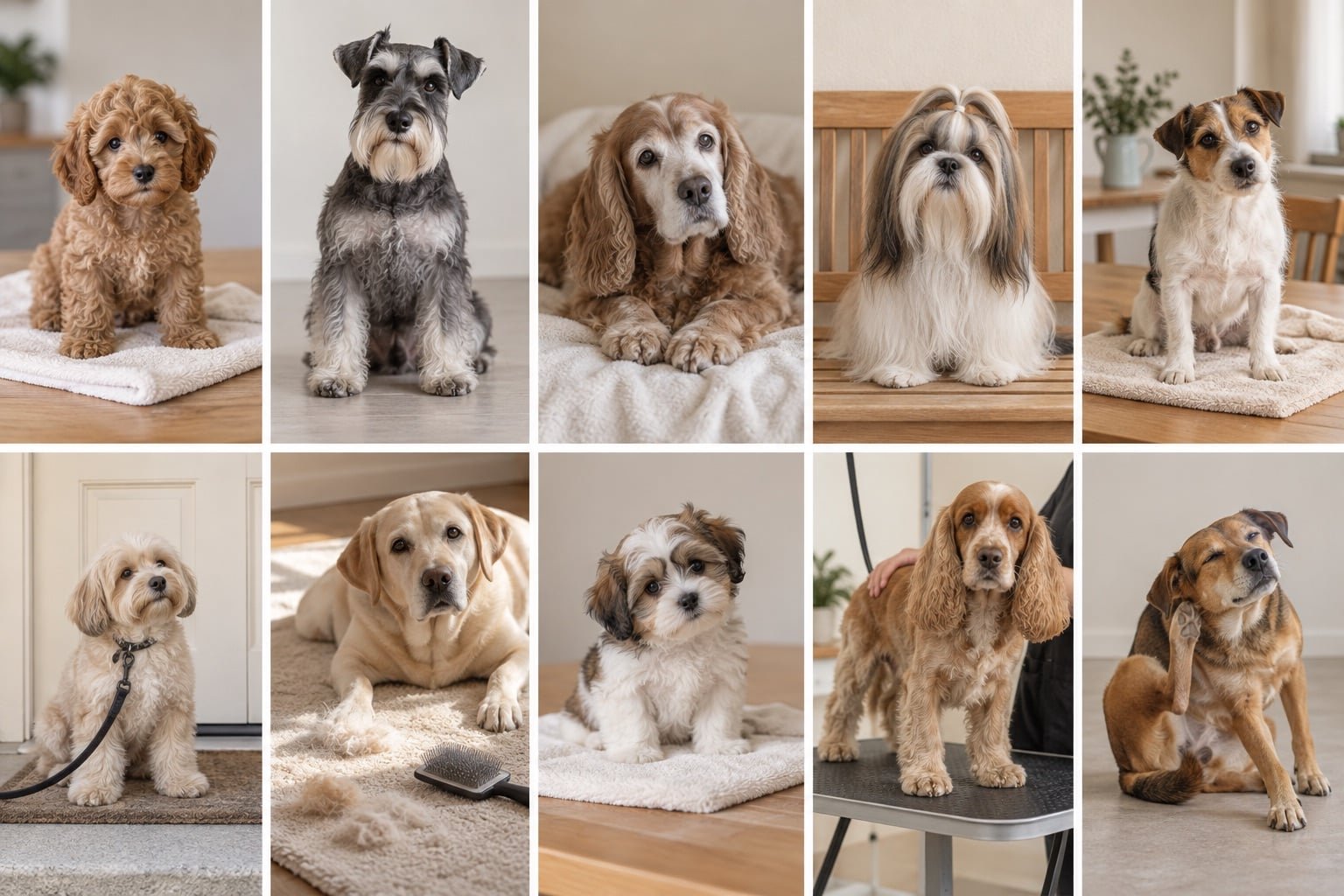 Hond krabt aan zijn oor terwijl hij op een lichte vloer zit
