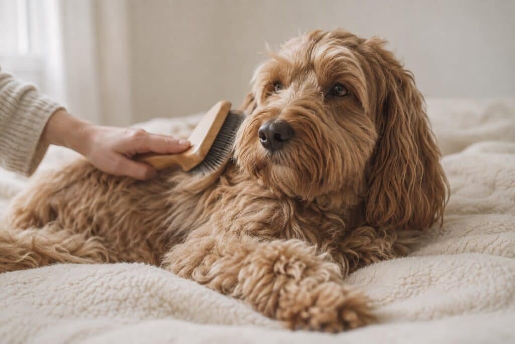 Rustige hond wordt thuis zachtjes geborsteld op een eenvoudige deken