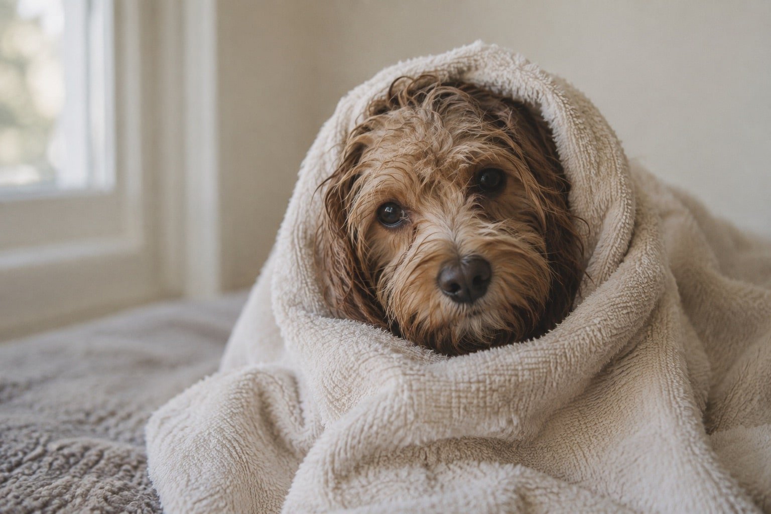 Vochtige cockapoo losjes gewikkeld in een crème handdoek, alleen de kop steekt uit