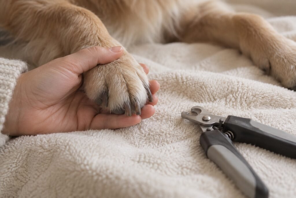 Hondenpoot rust in een hand met een nagelknipper op een crème handdoek