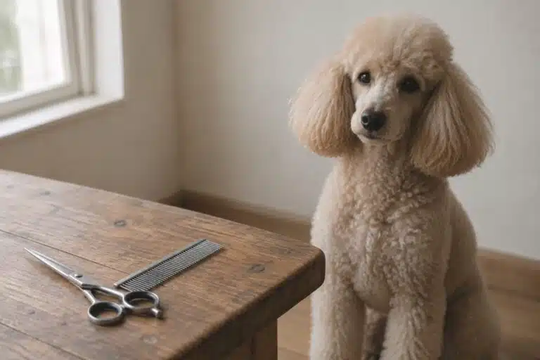 Trimschaar en metalen kam op een houten tafel naast een rustig zittende poedel