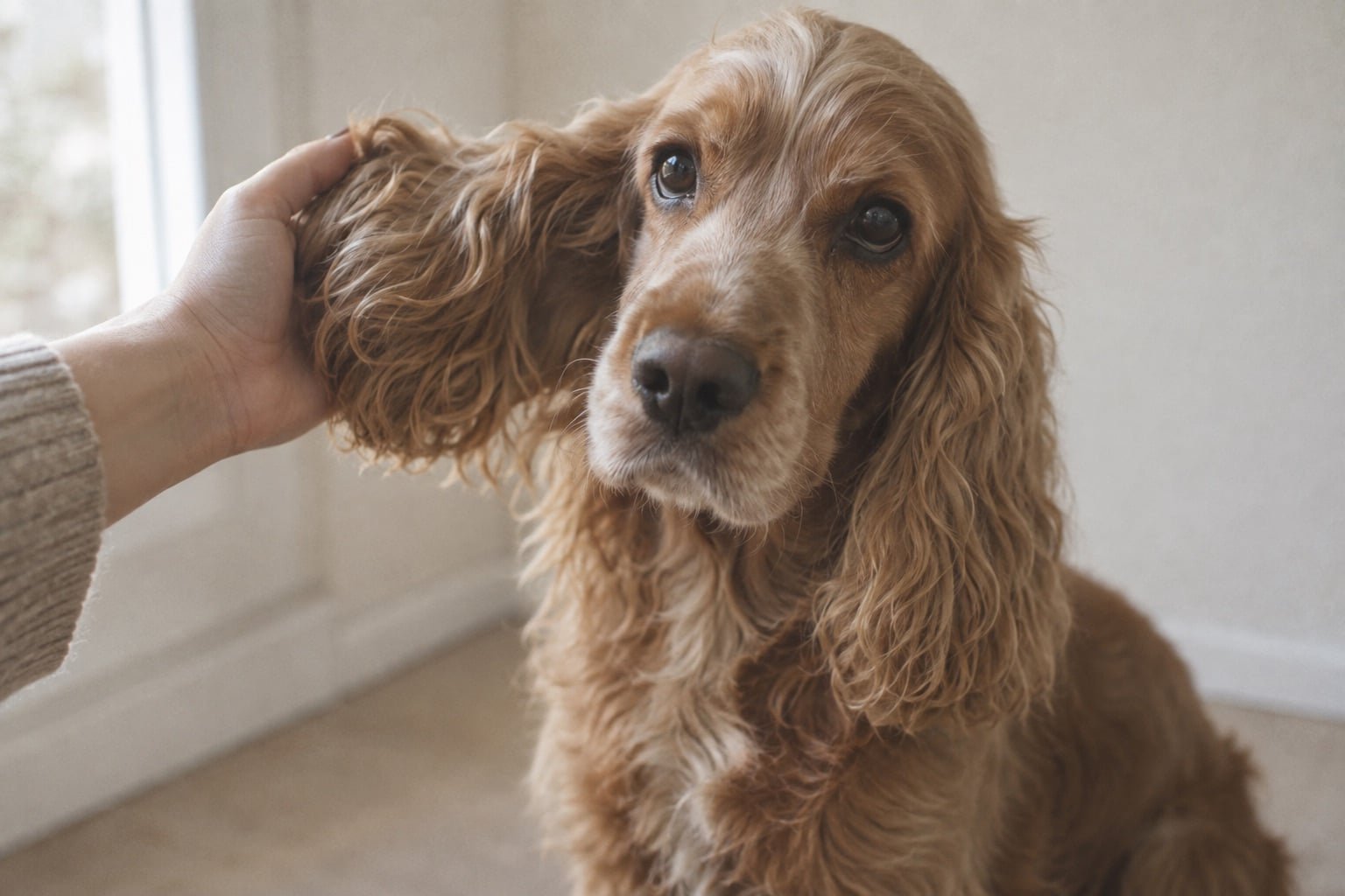 Cocker spaniel zit rustig terwijl een hand voorzichtig een oor optilt
