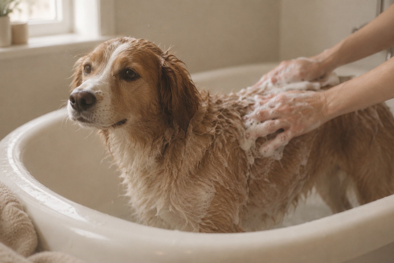 Hond staat rustig in bad terwijl handen zachtjes shampoo in de vacht masseren