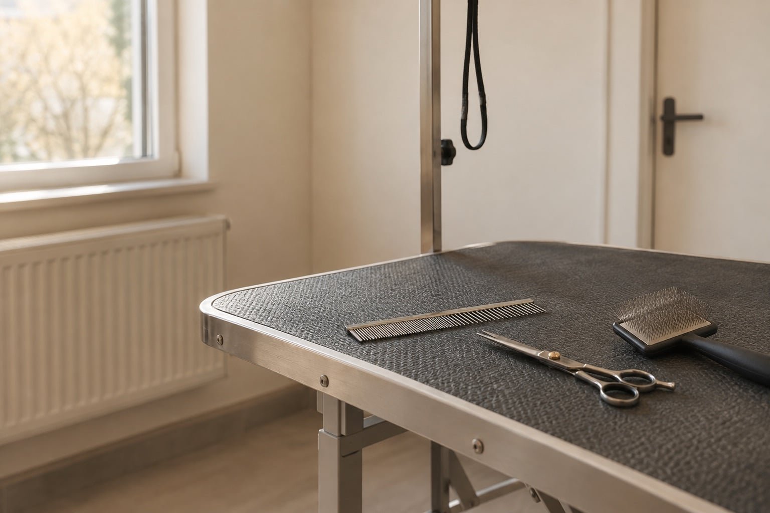 Lege trimtafel met kam, schaar en borstel in een rustige lichte ruimte