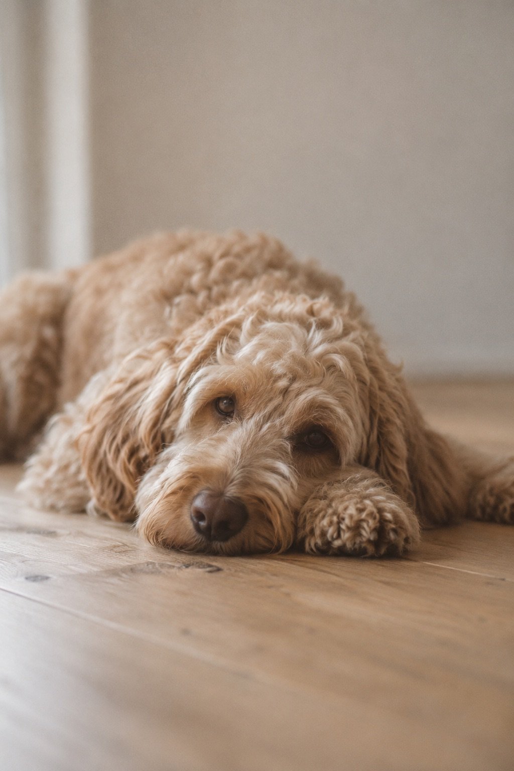 Apricot labradoodle ligt rustig met de kop op de poten