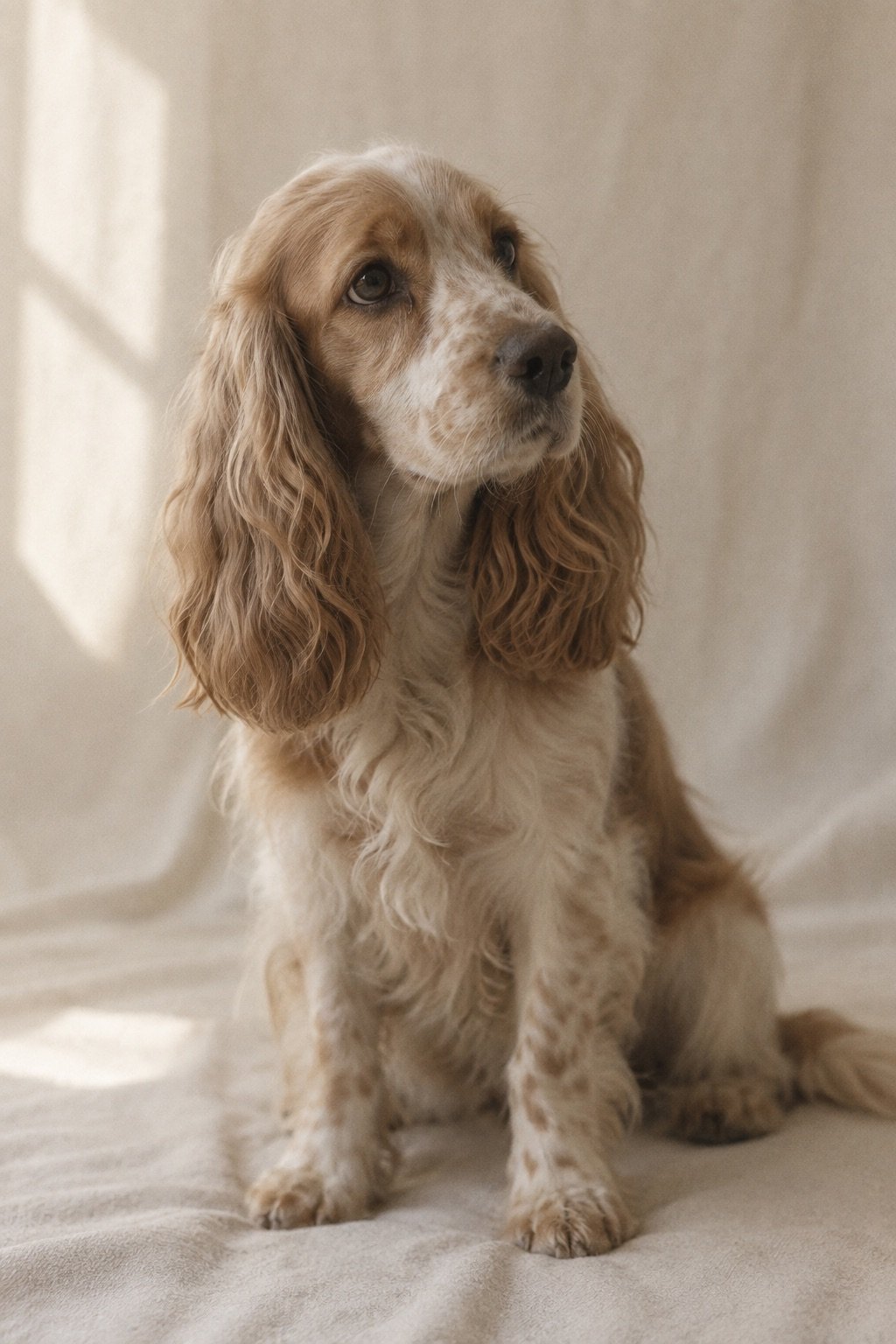 Spaniel met lange oren zit rustig in zacht daglicht