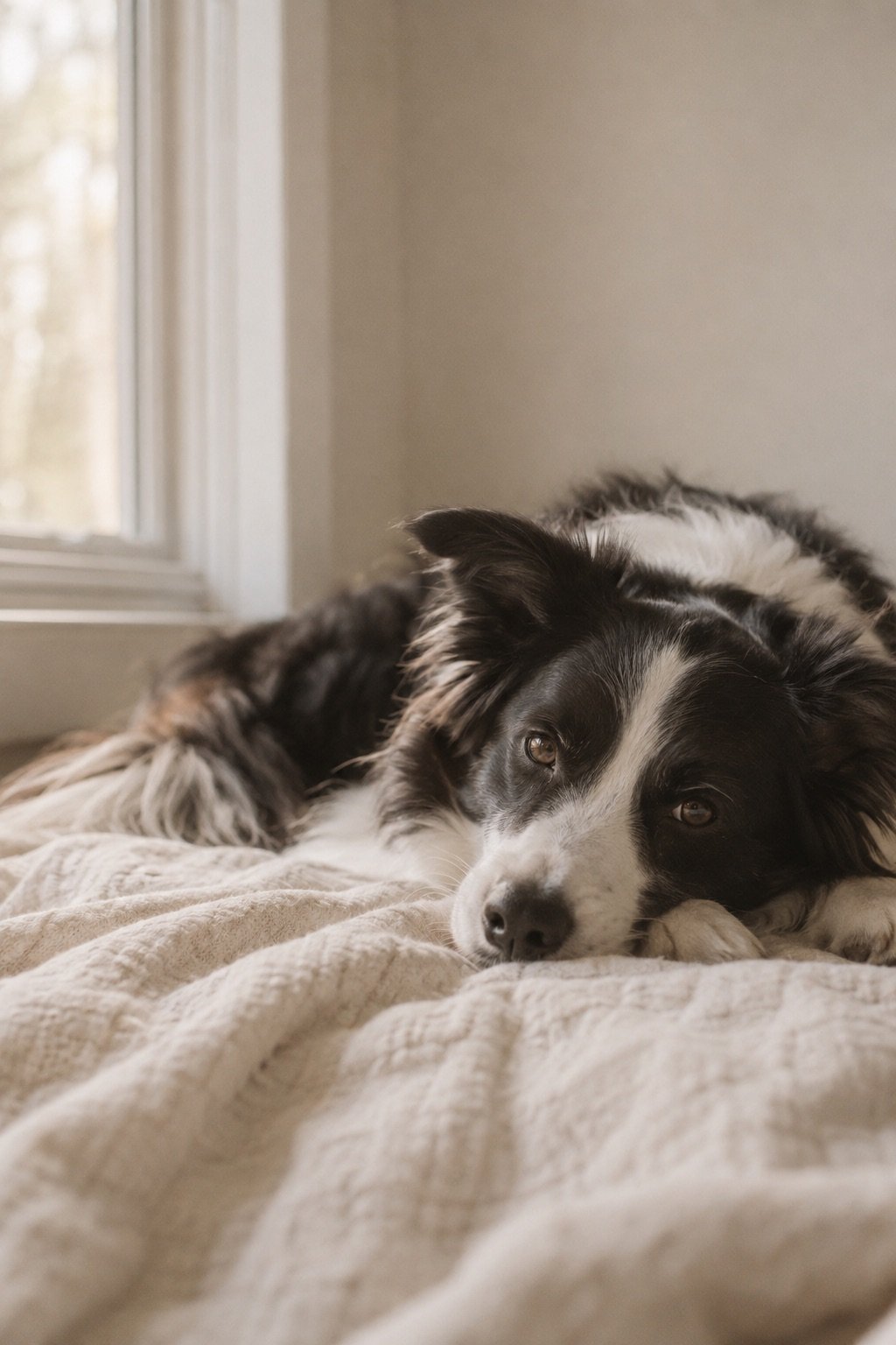 Border collie ligt ontspannen op een crème deken bij het raam