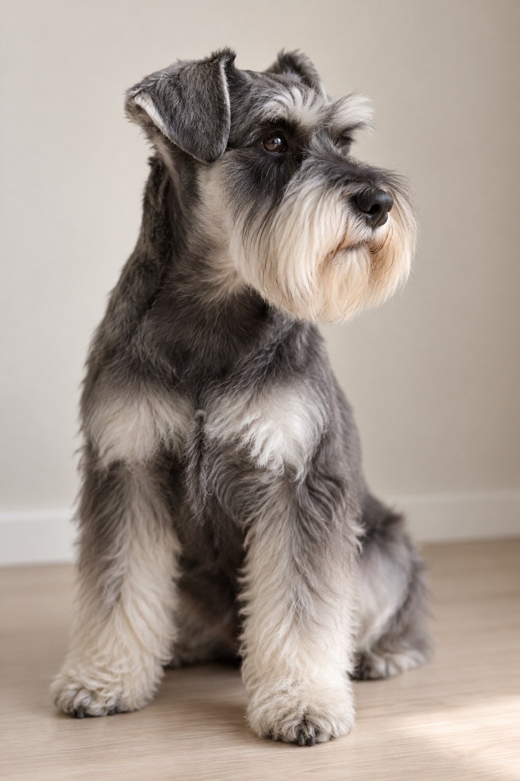 Dwergschnauzer met verzorgde baard kijkt rustig opzij
