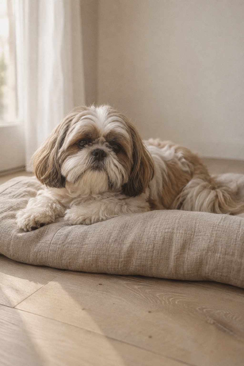 Shih tzu ligt ontspannen op een linnen kussen op een houten vloer