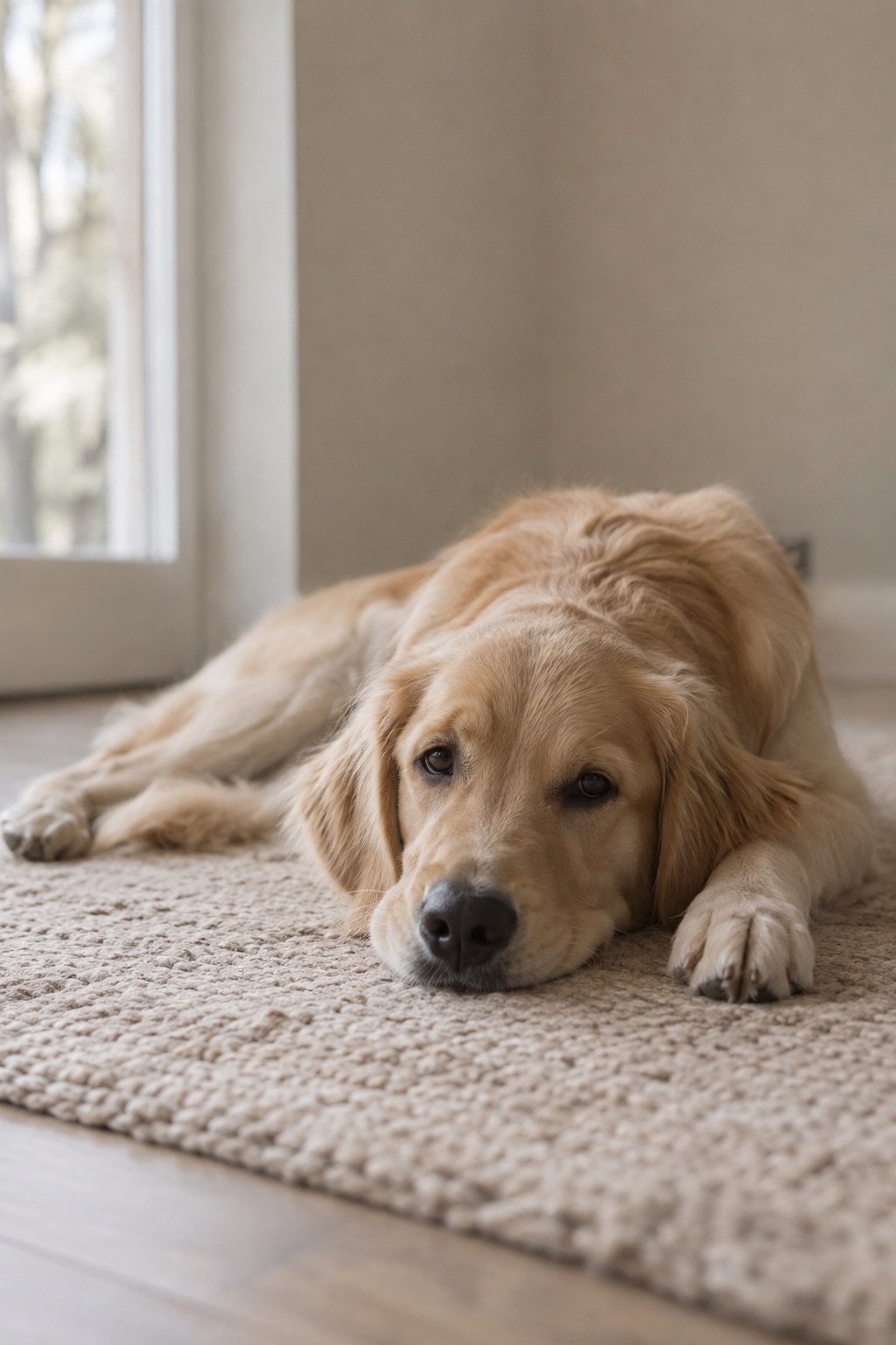 Jonge golden retriever ligt ontspannen op een kleed
