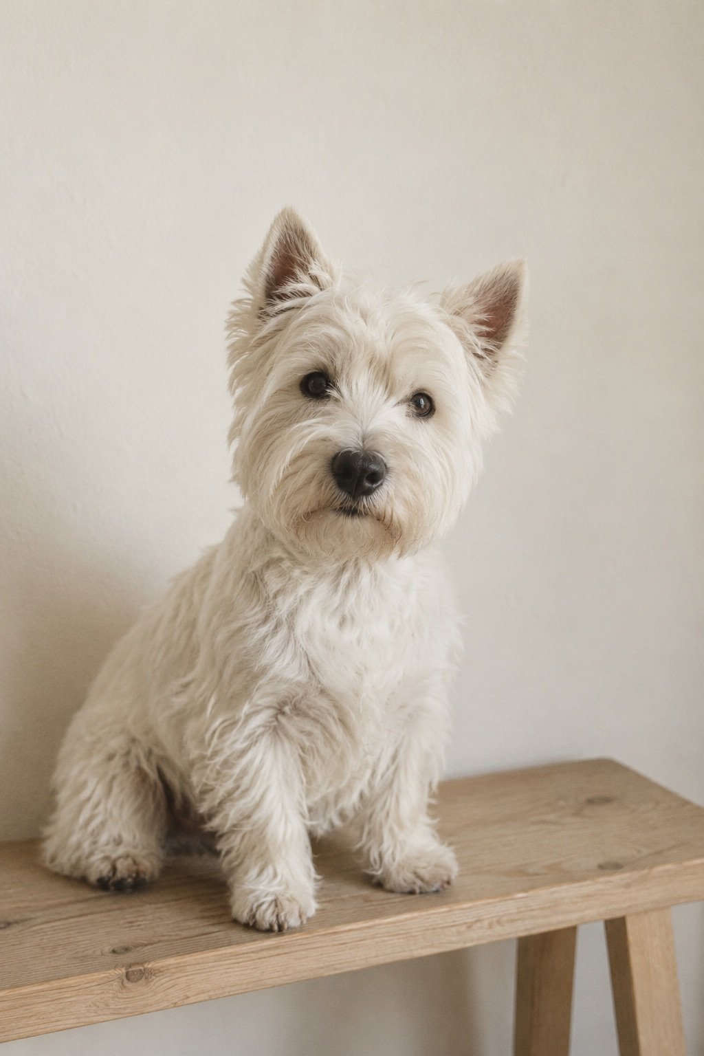 West Highland white terriër zit rustig op een houten bankje