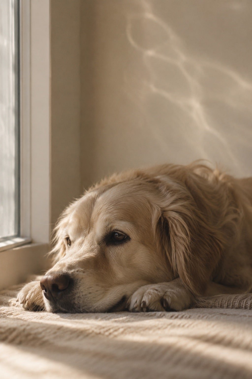 Rustige hond rust bij een raam met zacht, weerspiegelend daglicht