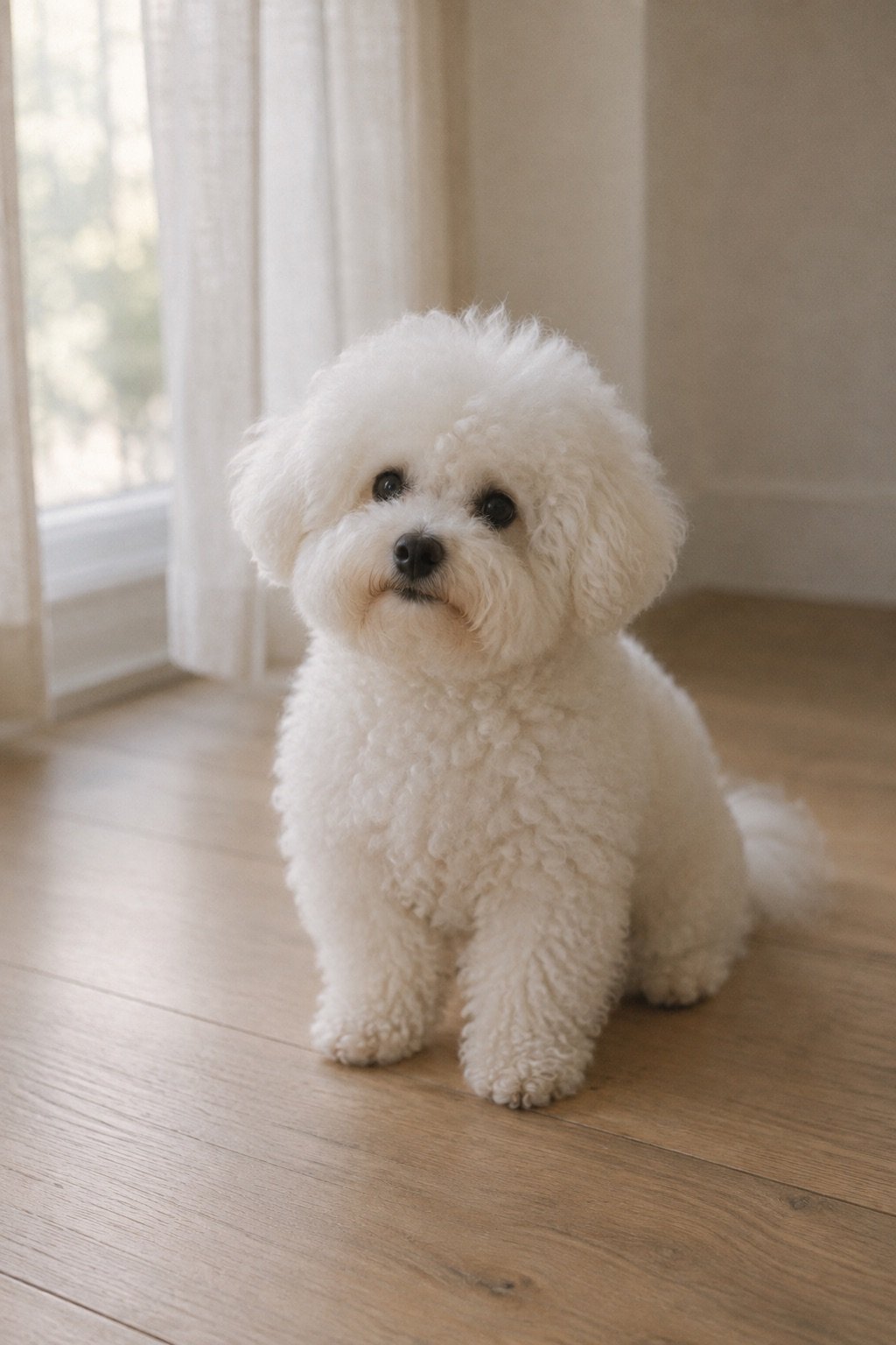 Witte bichon frisé zit rustig op een lichte houten vloer