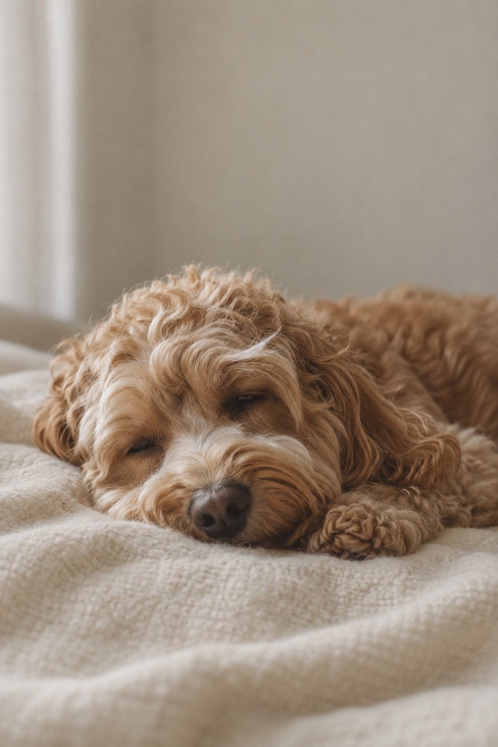 Cockapoo met zachte krullen ligt ontspannen op een deken